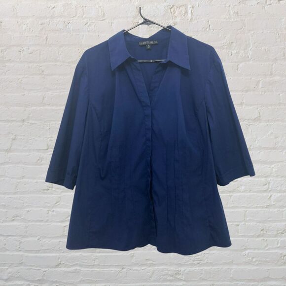 Lafayette 148 New York Blouse 20 Pintuck 3/4 Sleeve Button Down Navy Blue - Picture 2 of 14
